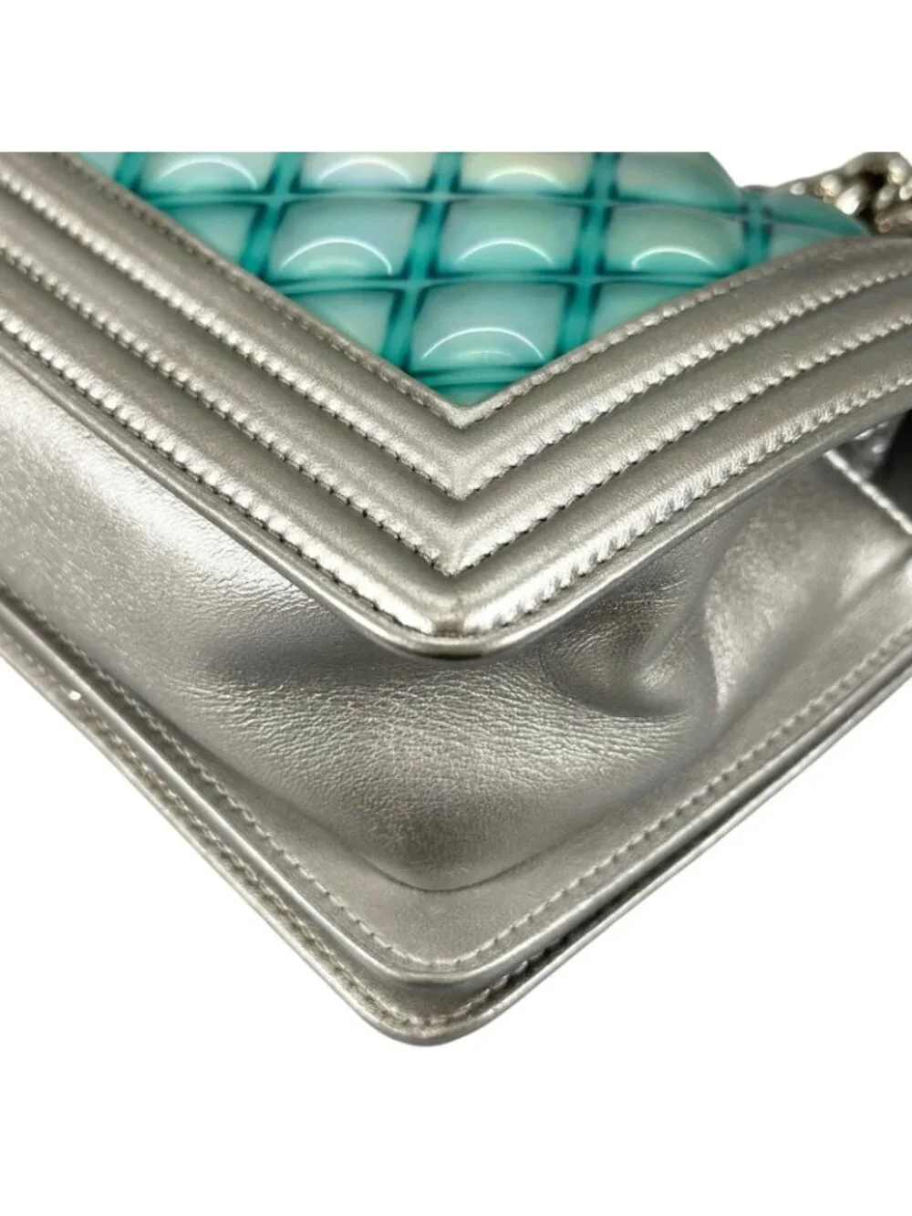Chanel Boy Enamel Leather Lambskin Silver Light Blue Shoulder